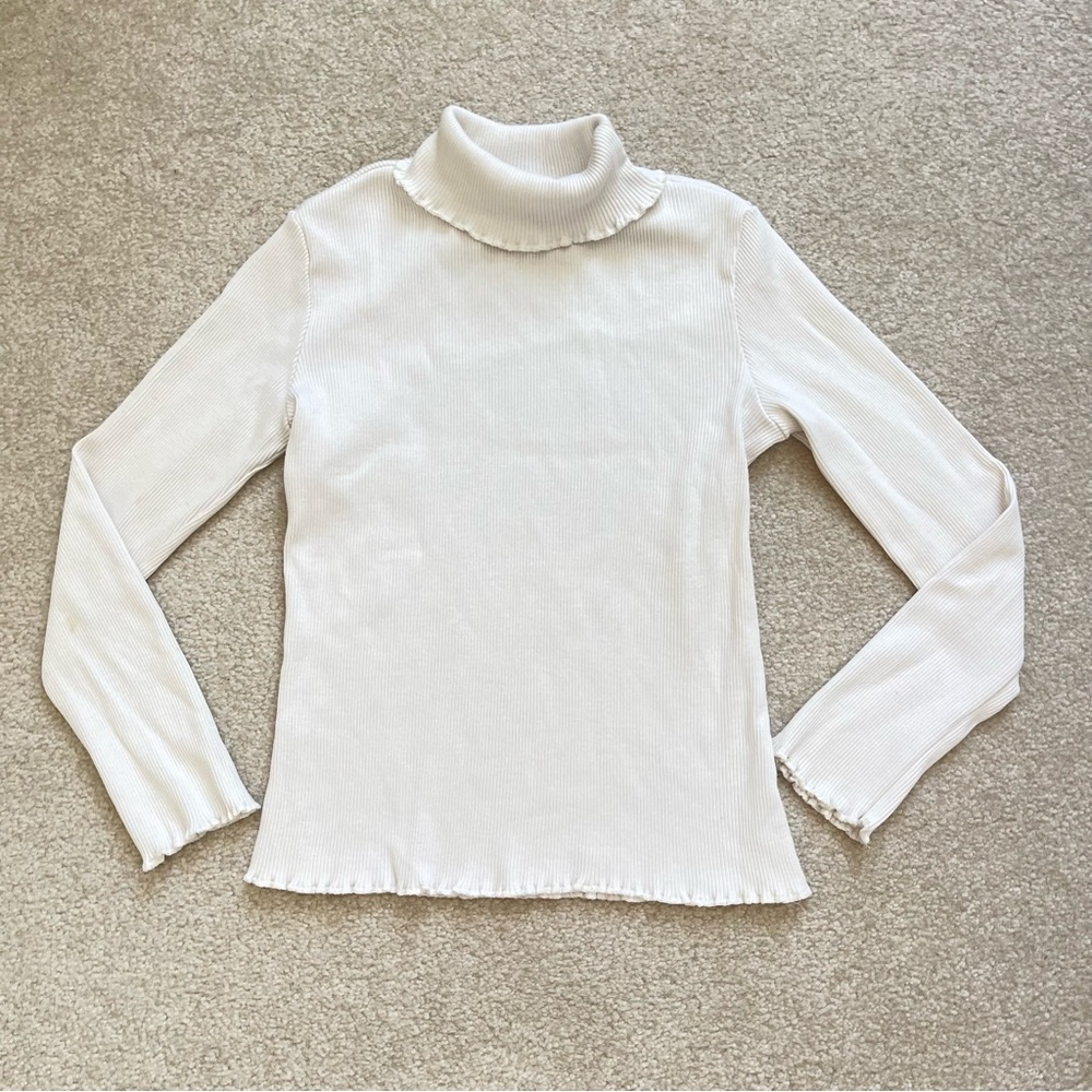 Women XS Cream White Ribbed Turtleneck Sweater Long Sleeve Ruffle Scalloped